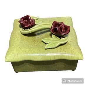 Vintage green and rose hand made hand painted jewelry or trinket box